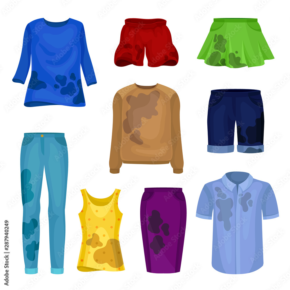 Set of dirty different male and female clothes. Vector illustration on a white background. Set of dirty different male and female clothes. Vector illustration on a white background.