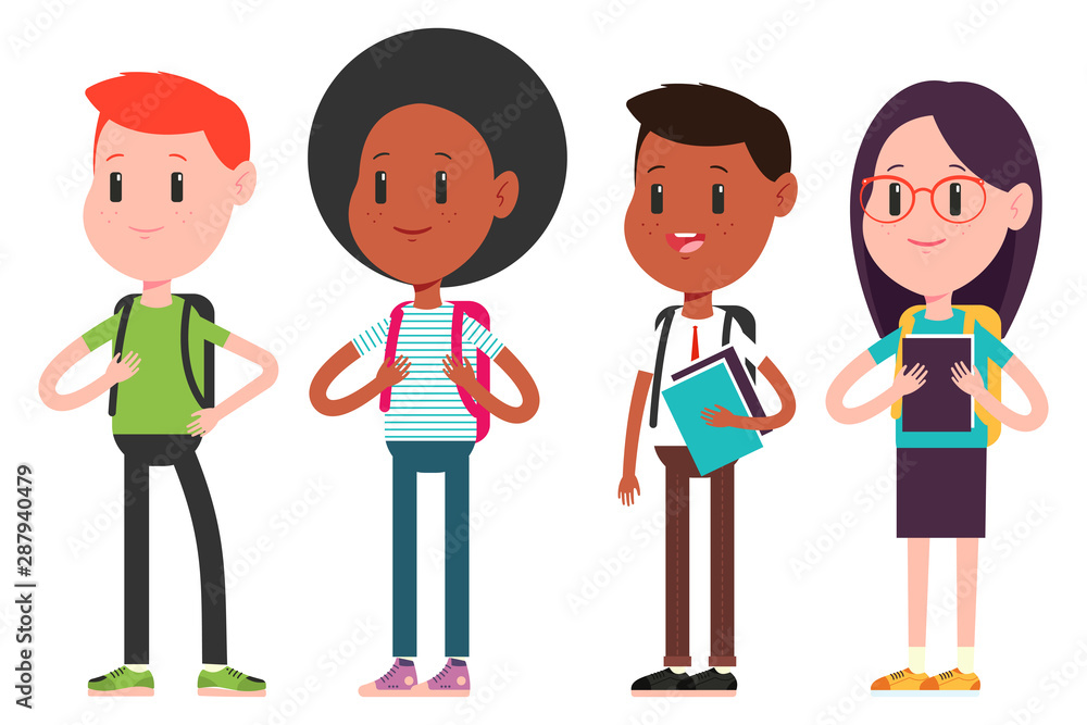 Students teenagers vector cartoon characters set isolated on a white background.