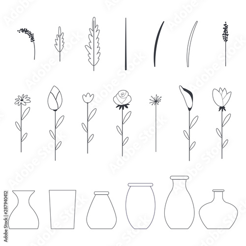 Flowers and vases vector outline icons set isolated on a white background.