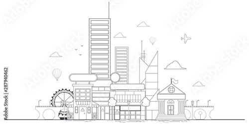 Outline city landscape vector illustration isolated on a white background.