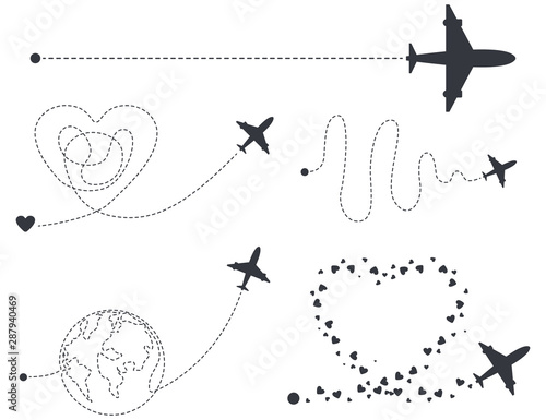 Airplane with start point and different dash line route vector silhouettes set isolated on a white background.