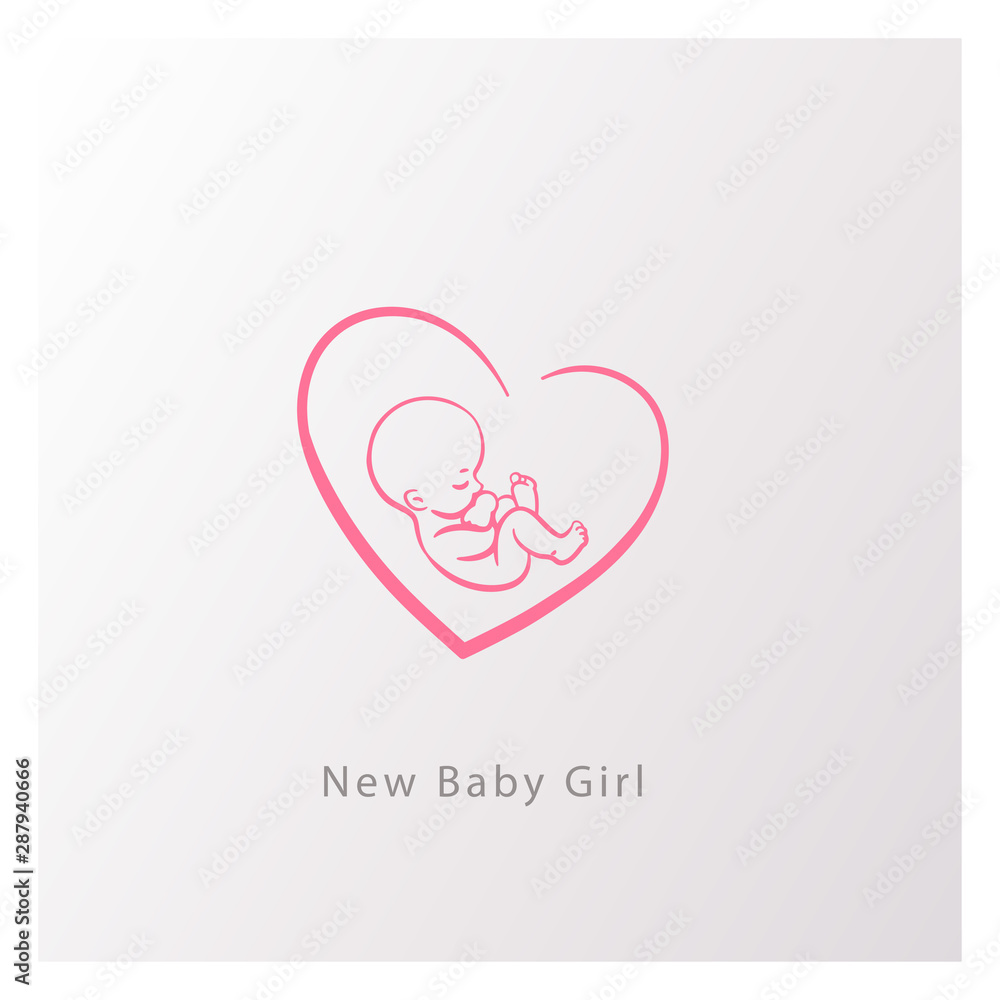 Emblem with newborn girl in heart shape.