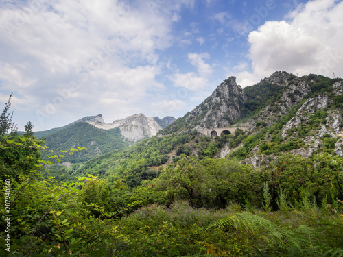 Apuan Alps, near Carrara, with marble quarries in distance.