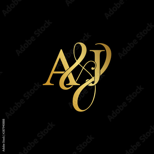 Initial letter A & J AJ luxury art vector mark logo, gold color on black background.