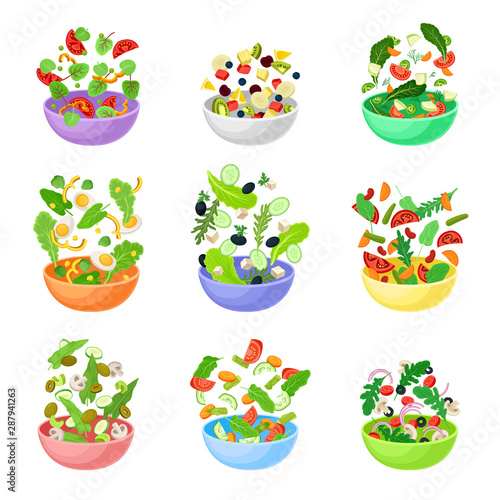 Set of bowls with pieces of vegetables. Vector illustration on a white background.