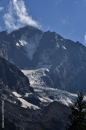Disgrazia mountain with its hanging glacier in summer