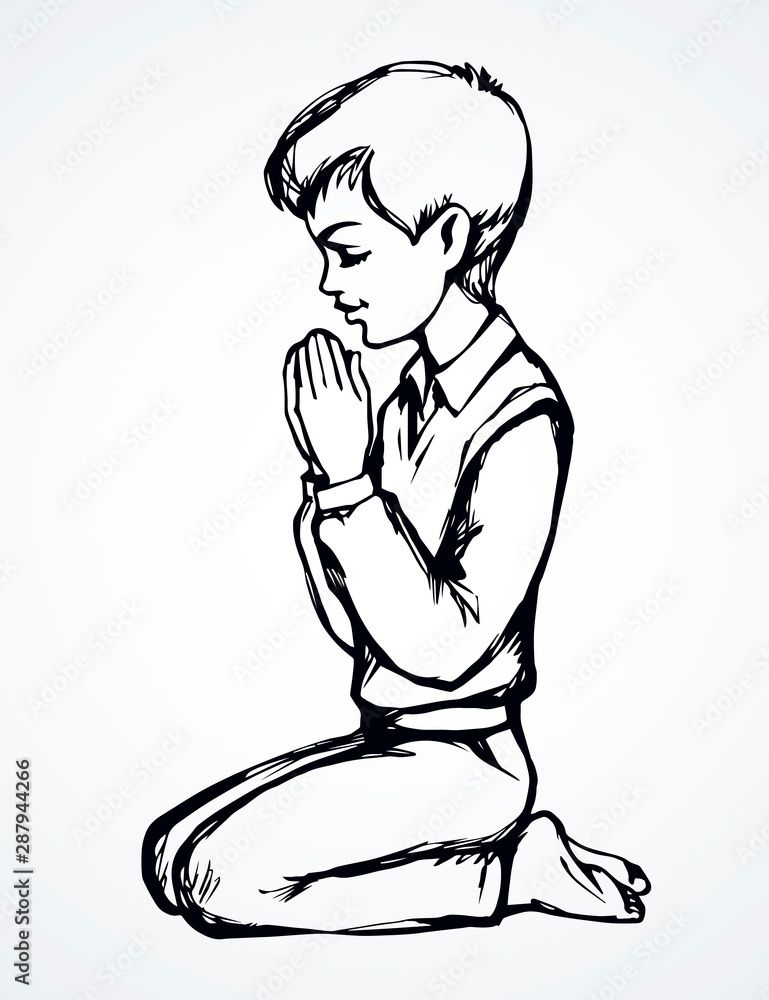 Little boy is praying. Vector drawing Little boy is praying. Vector drawing