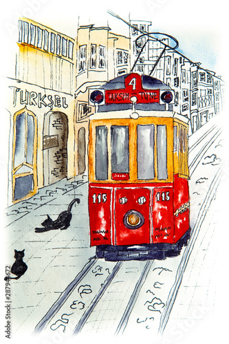 Photography Nostalgic red retro tram on famous Istiklal street.