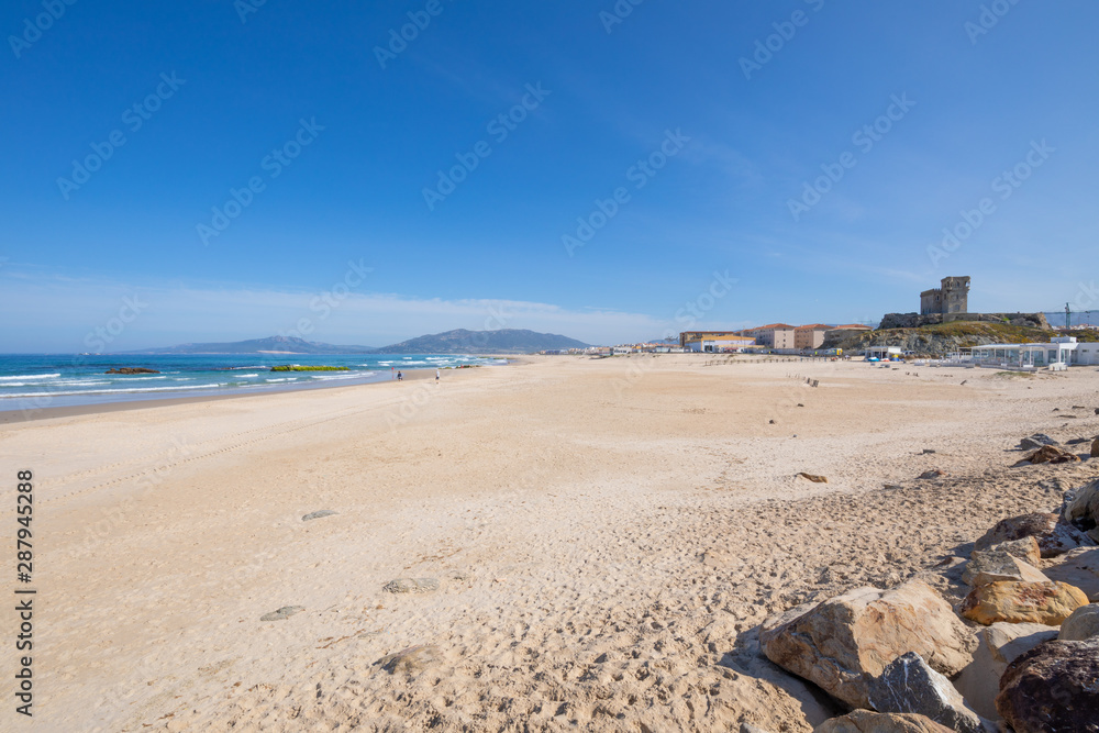 landscape of beautiful sandy great Beach Los Lances, in Tarifa town, Cadiz, Andalusia, Spain landscape of beautiful sandy great Beach Los Lances, in Tarifa town, Cadiz, Andalusia, Spain