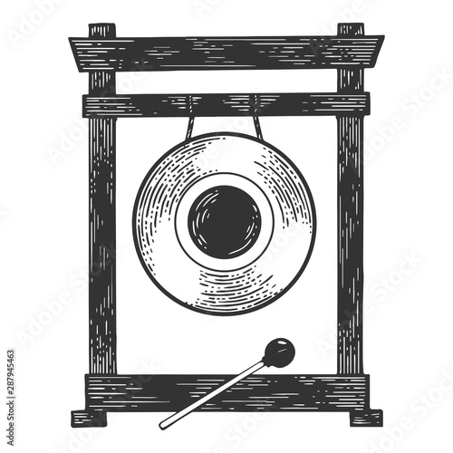Gong musical percussion instrument circular metal disc sketch engraving vector illustration. Tee shirt apparel print design. Scratch board style imitation. Black and white hand drawn image.