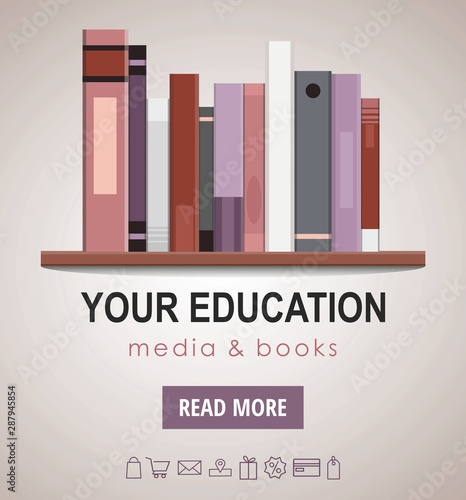 Group of colorful books on the wooden bookshelf