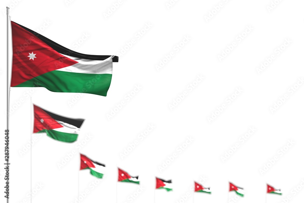 wonderful Jordan isolated flags placed diagonal, photo with soft focus and place for content - any feast flag 3d illustration.. wonderful Jordan isolated flags placed diagonal, photo with soft focus and place for content - any feast flag 3d illustration..