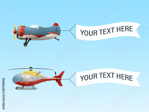 Flying airplane and helicopter with banners. Template for text. Vector illustration.