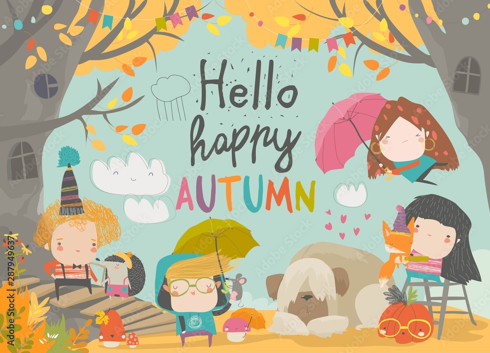 Fototapeta premium Cute children meeting autumn wearing warm clothes
