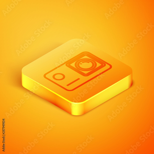 Isometric line Action extreme camera icon isolated on orange background. Video camera equipment for filming extreme sports. Orange square button. Vector Illustration