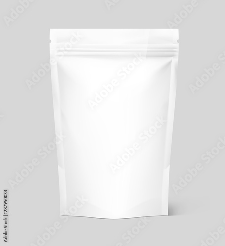 Pouch bags mockup on grey background. Vector illustration. Front view. Can be use for template your design, presentation, promo, ad. EPS10.