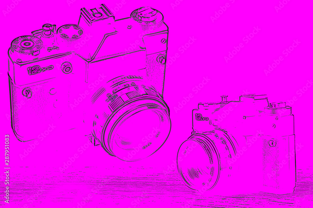 Stare aparaty fotograficzne. Kolorowe tło z kształtem aparatu. - obrazy, fototapety, plakaty 
