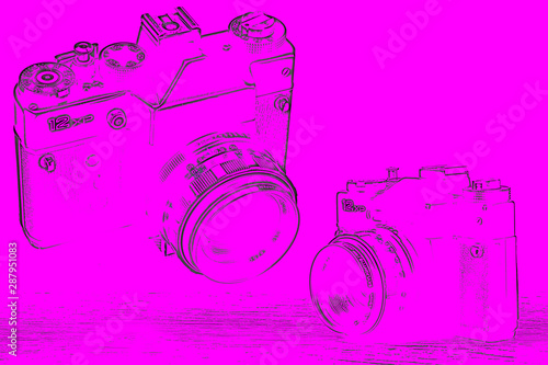 Stare aparaty fotograficzne. Kolorowe tło z kształtem aparatu.