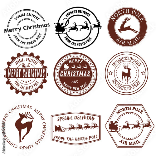 Set of Santa Claus signs. Collection of stamps of the North Pole. Vector illustration of stamps for mail. Christmas Signs. Drawing for children.