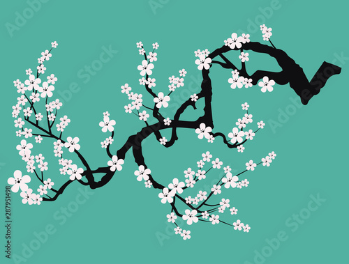 Blooming cherry. Sakura branch with flower buds. Cartoon drawing of a blossoming tree in spring. Logo with Japanese cherry blossoms. Tattoo. Wall art .