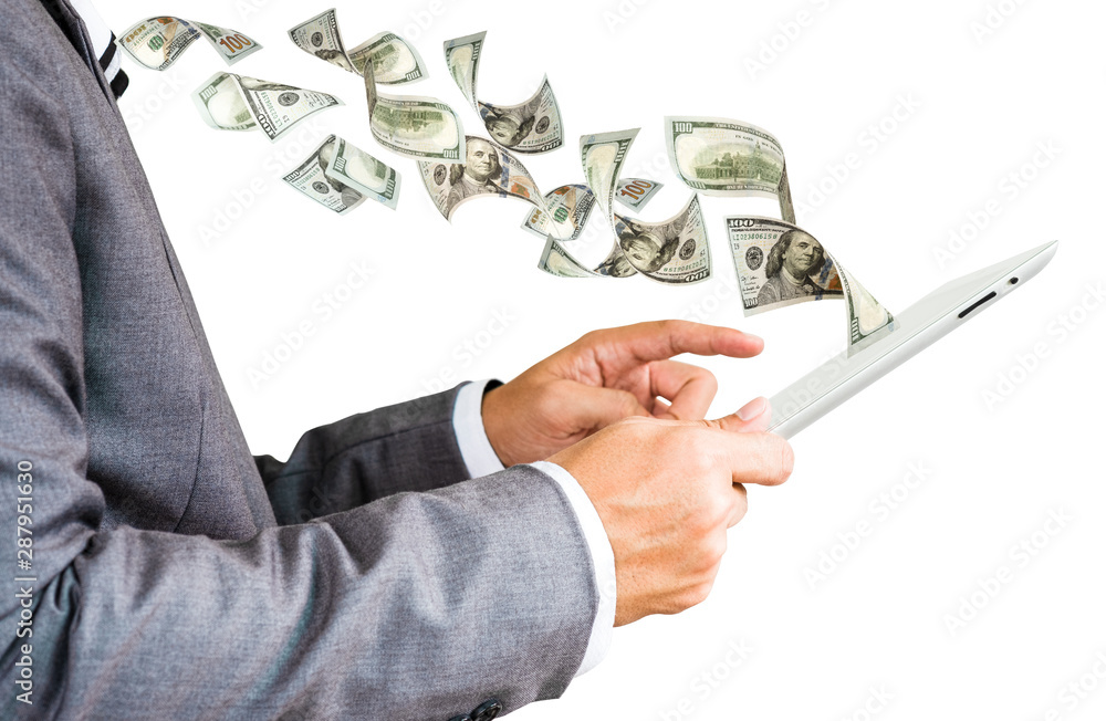 Businessman touch on tablet for paying and get dollar money from e-payment business and online shopping. E business and online investment concept. Businessman touch on tablet for paying and get dollar money from e-payment business and online shopping. E business and online investment concept.