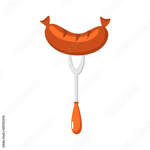 Vector grilled sausage on fork icon for BBQ poster, barbecue party banner, logo, icon, summer print, Oktoberfest promo. Isolated on white. Flat style illustration for gastronomy concept