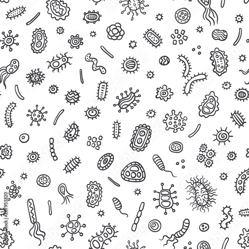 Bacteria and germs outline pattern, micro-organisms disease-causing objects, different types, bacteria, viruses background. Bacteria microbes and viruses pattern. Microscopic bacterium and bacillus