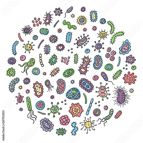 Bacterial microorganism in a circle color. Doodle style germs, primitive organisms, micro-organisms, disease-causing objects, cell cancer, bacteria, viruses, fungi, protozoa. Germs and bacteria logo