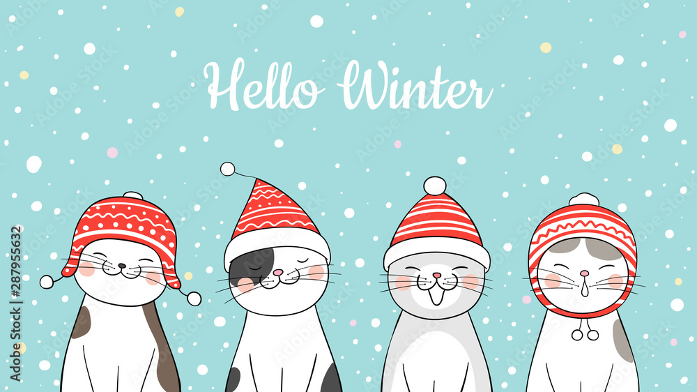 Draw banner cute cat in snow for Christmas. Stock Vector | Adobe Stock