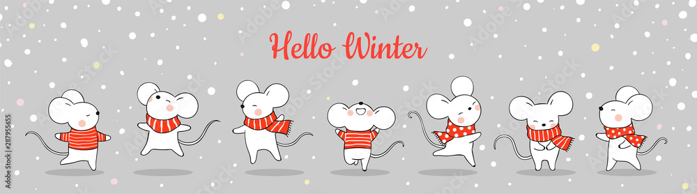 Draw banner cute rat in snow for Christmas and New year. - obrazy, fototapety, plakaty 