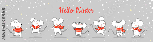 Draw banner cute rat in snow for Christmas and New year.