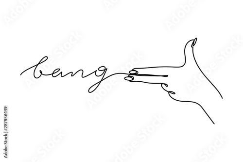 The Gesture Of A Gun One Line lettering Bang. Vector Illustration of a Woman's hand Shoots in a Minimalist Trend style. For t-shirt prints, web, banners, postcards, posters and other things