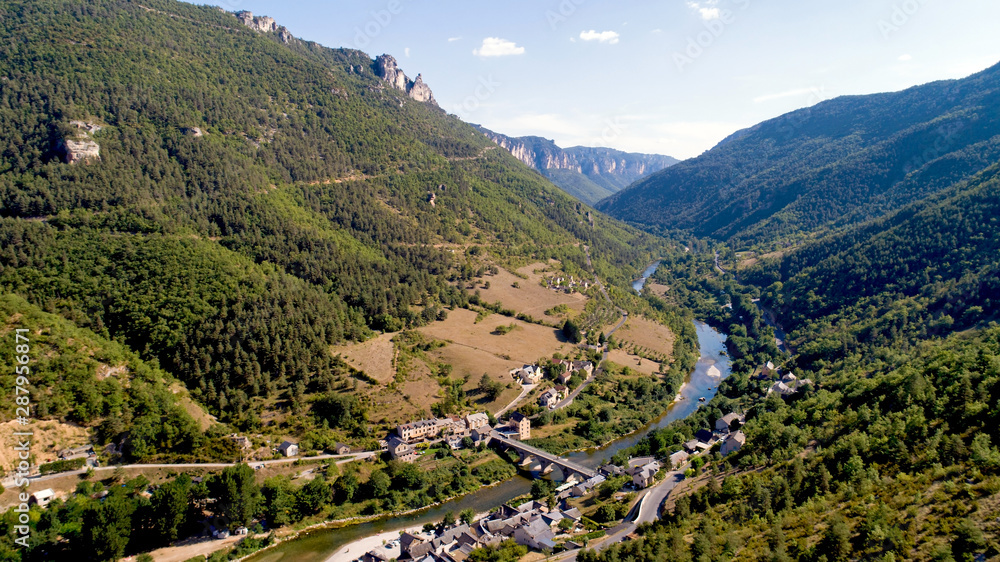 Fototapeta premium Aerial view of Les Vignes village in the Gorges du Tarn
