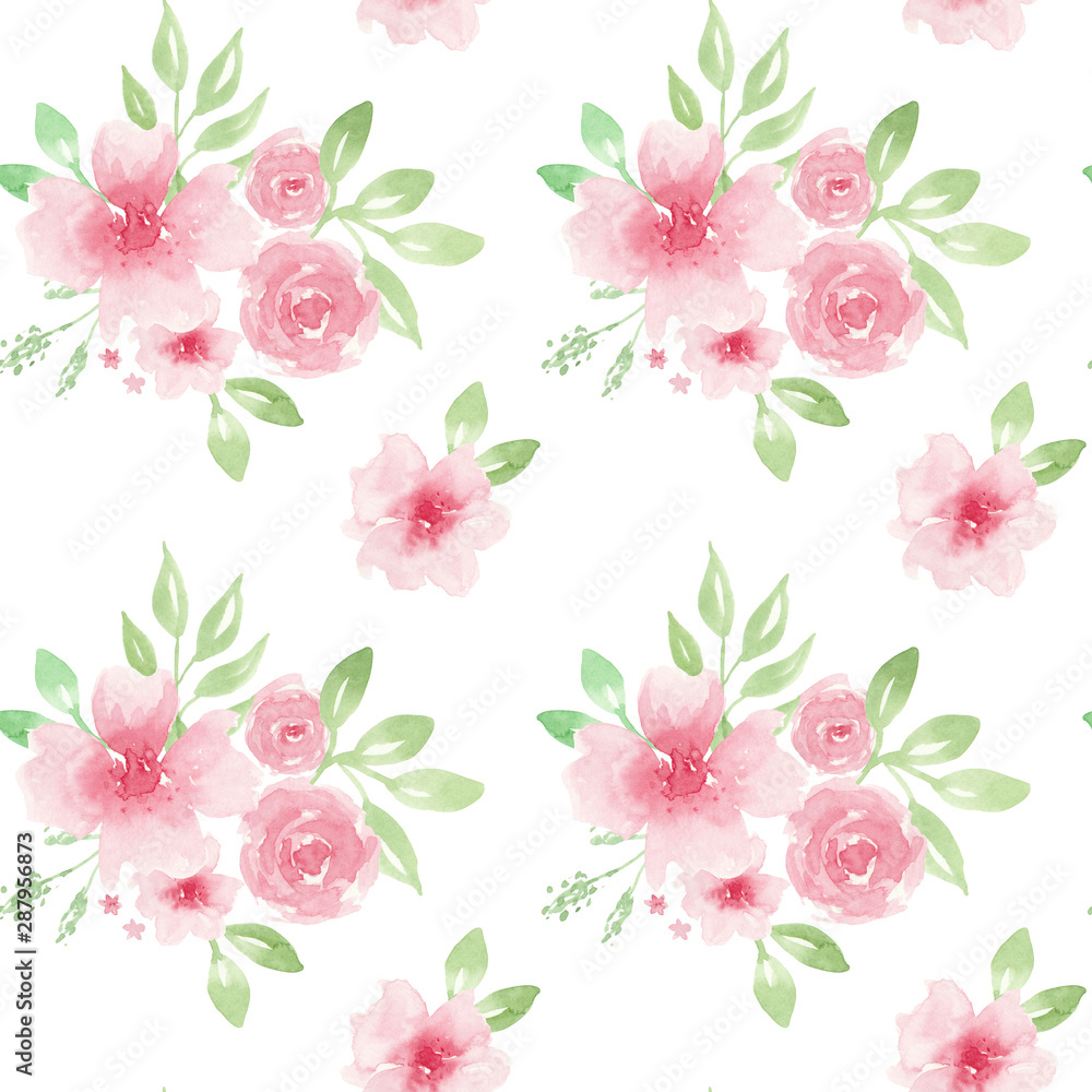 Watercolor floral pattern. Seamless pattern with pink flowers on white ...
