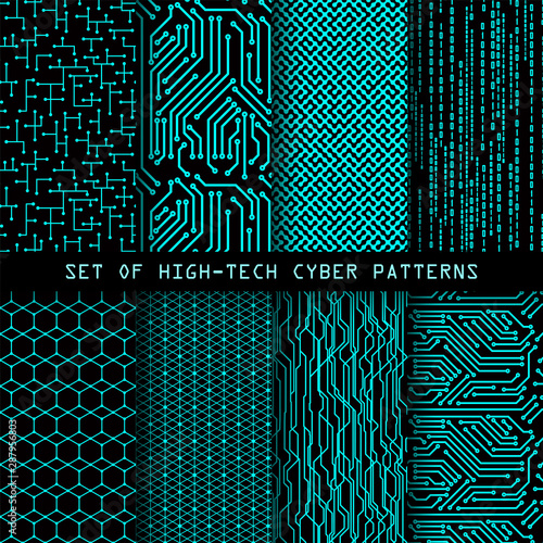 Set of seamless cyber patterns. Circuit board texture. Digital high tech style vector backgrounds.