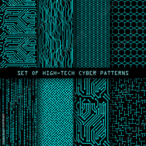 Set of seamless cyber patterns. Circuit board texture. Digital high tech style vector backgrounds. photo