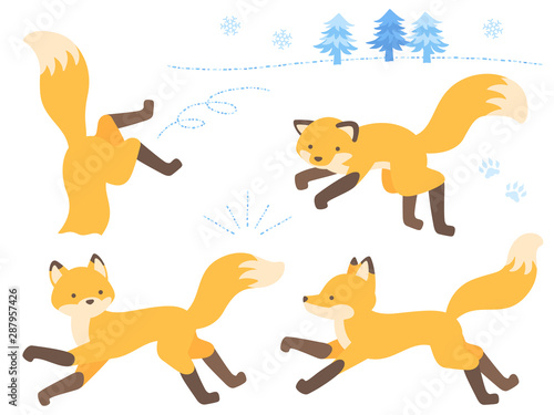 走る・狩りをするキツネのイラストセット