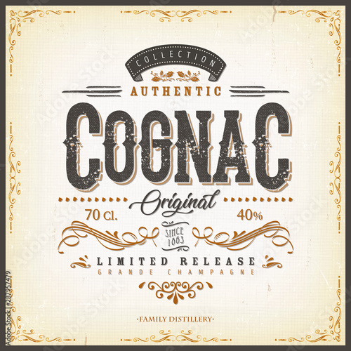 Vintage Cognac Label For Bottle/ Illustration of a vintage design elegant french cognac label, with crafted lettering, specific product mentions, textures and hand drawn patterns