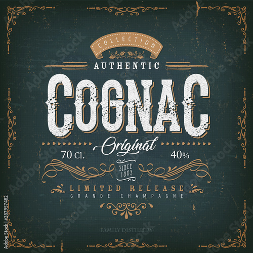 Vintage Cognac Label For Bottle/ Illustration of a vintage design elegant french cognac label, with crafted lettering, specific product mentions, textures and hand drawn patterns