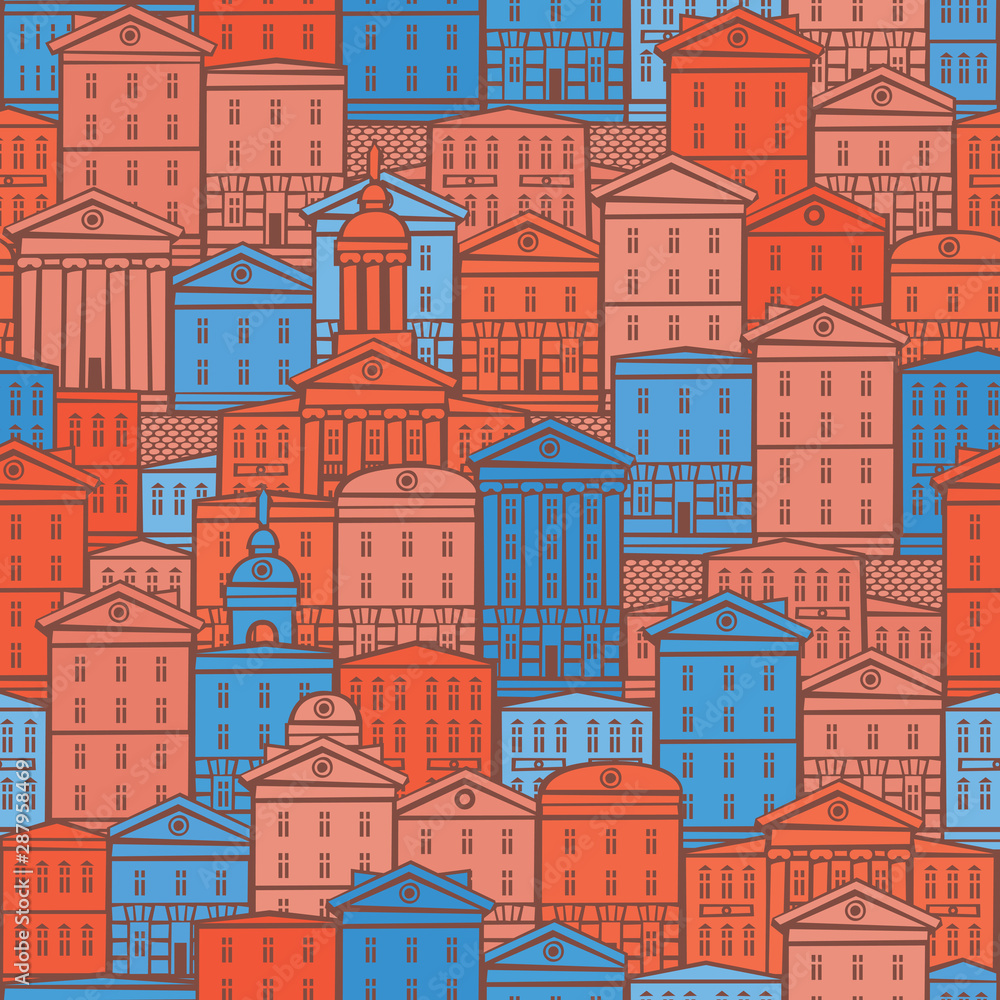 Vector seamless pattern with old hand drawn buildings in retro style. European town with colorful cartoon houses. Cityscape background, can be used as wallpaper, wrapping paper, textile, fabric
