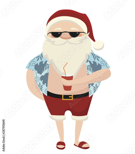 Cartoon Santa at the resort. Illustration of Santa Claus with glasses on the beach. Christmas illustration for children.