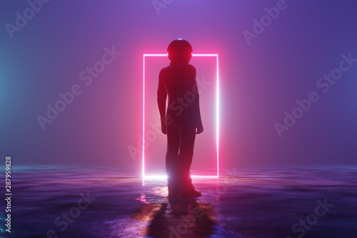 Silhouette man astronaut stands on an alien planet in front of a luminous neon rectangle. 3d rendering