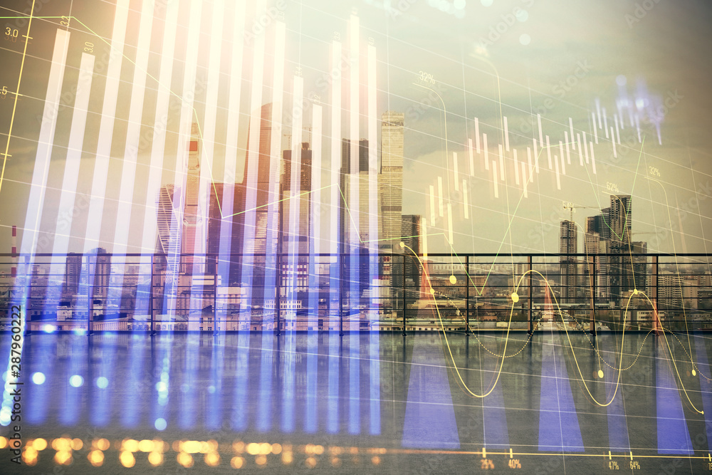 Forex graph hologram with city view from roof background. Double exposure. Financial analysis concept. Forex graph hologram with city view from roof background. Double exposure. Financial analysis concept.