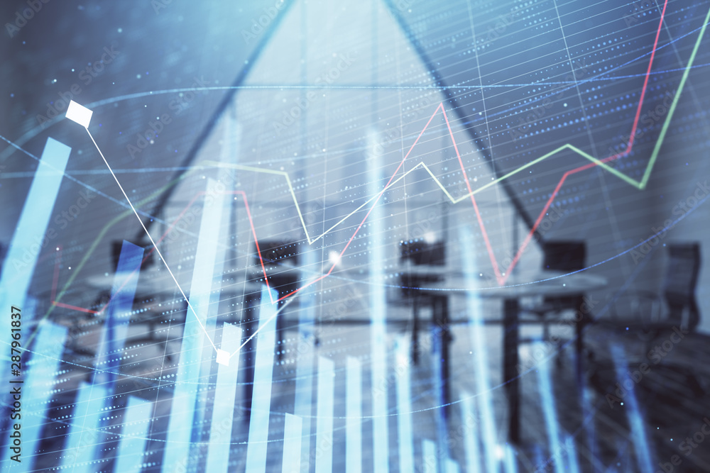 Double exposure of forex chart on conference room background. Concept of stock market analysis Double exposure of forex chart on conference room background. Concept of stock market analysis