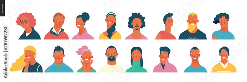 Bright people portraits set - hand drawn flat style vector design concept illustration of young men and women, male and female faces and shoulders avatars. Flat style vector icons set
