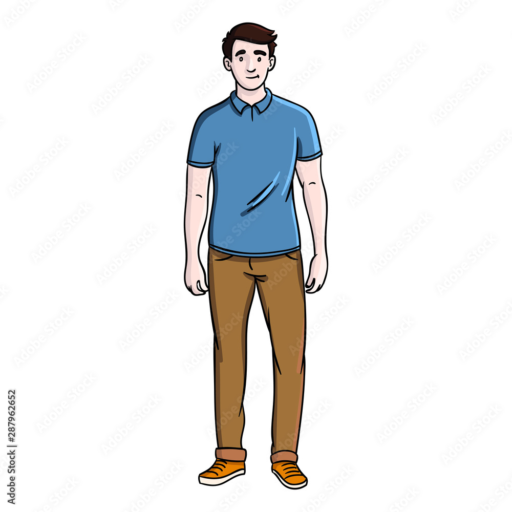 comic drawing of a man with brown trousers and polo shirt by. comic drawing of a man with brown trousers and polo shirt by.