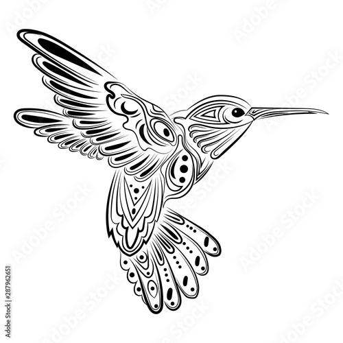 Vector illustration of a hummingbird. Stylized flying bird. Drawing with ornaments. Linear Art. Black and white drawing by hand. Tattoo.