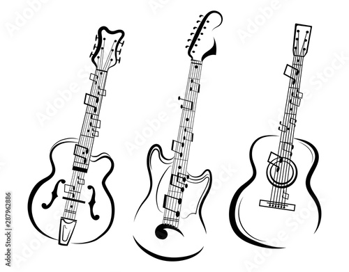 Set of stylized guitars. Collection of electric guitars with notes. Black and white illustration of musical instruments. Linear art. Tattoo.