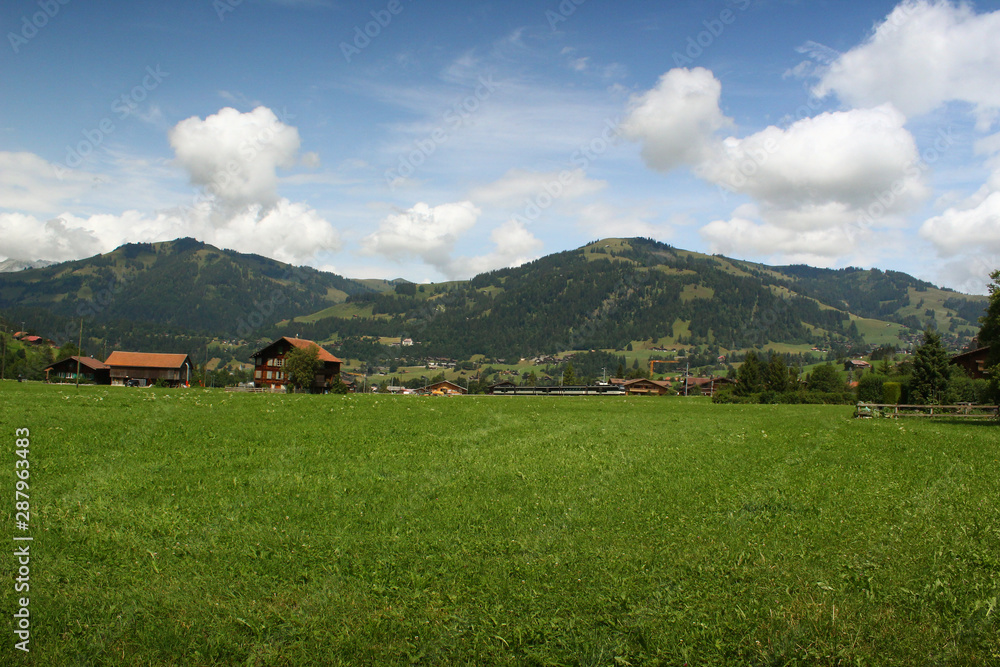 Grassy valley between the Swiss villages Gstaad and Saanen in the
