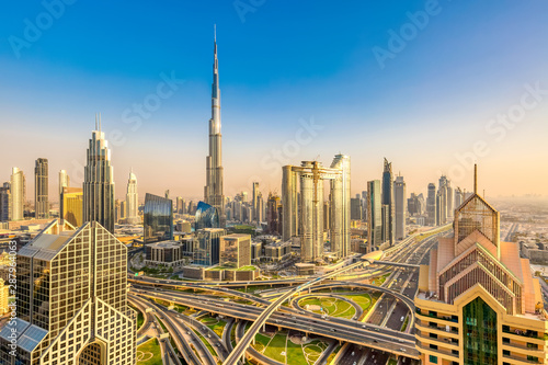 Amazing skyline cityscape with modern skyscrapers. Downtown of Dubai at sunny day, United Arab Emirates.